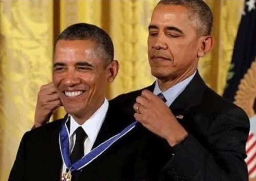 A photoshopped image in which Barack Obama appears to be awarding a clone of himself with a medal.