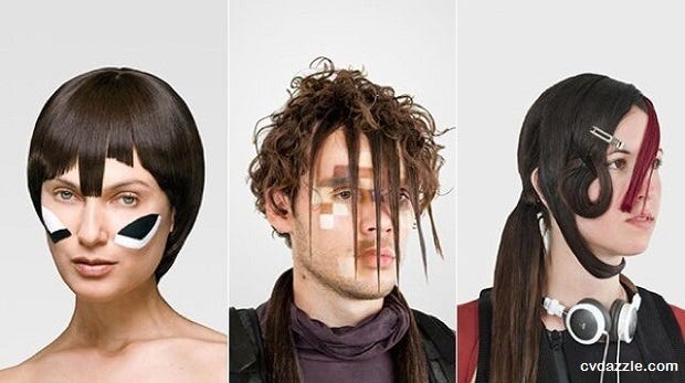3 models sport asymmetric hairstyles and high-contrast geometric make-up that can prevent their faces from being detected by algorithms