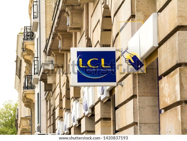 Le Havre, France - MAY 07, 2019:  LCL Banque et assurance bank branch, a major French financial services company owned by Crédit Agricole. LCL is an abbreviation of Le Crédit Lyonnais, the former name