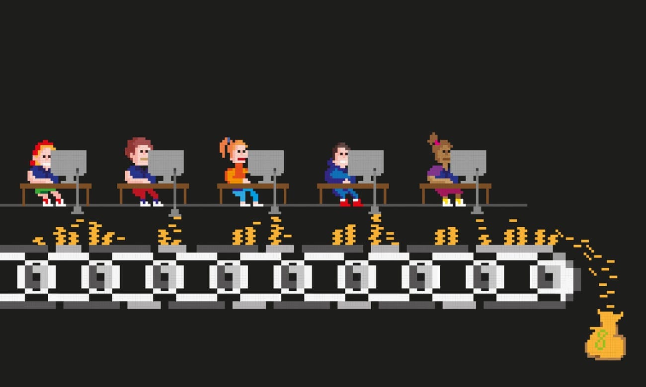 Illustration by Observer Design of children with computers making money on a conveyor belt.