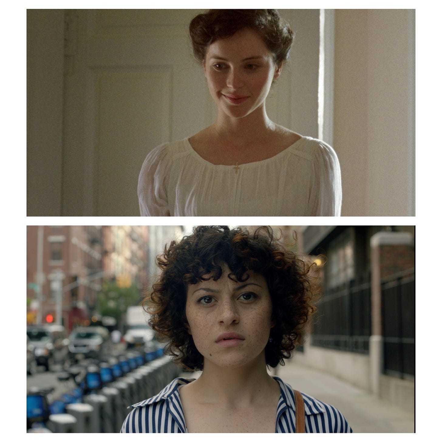A collage featuring two photos, the top one features Felicity Jones in a white gown with a cross chain necklace, playing Northanger Abbey's Catherine Morland; the bottom photo features actor Alia Shawkat standing on a busy New York City street, in her role as Dory Sief from the television series 'Search Party'