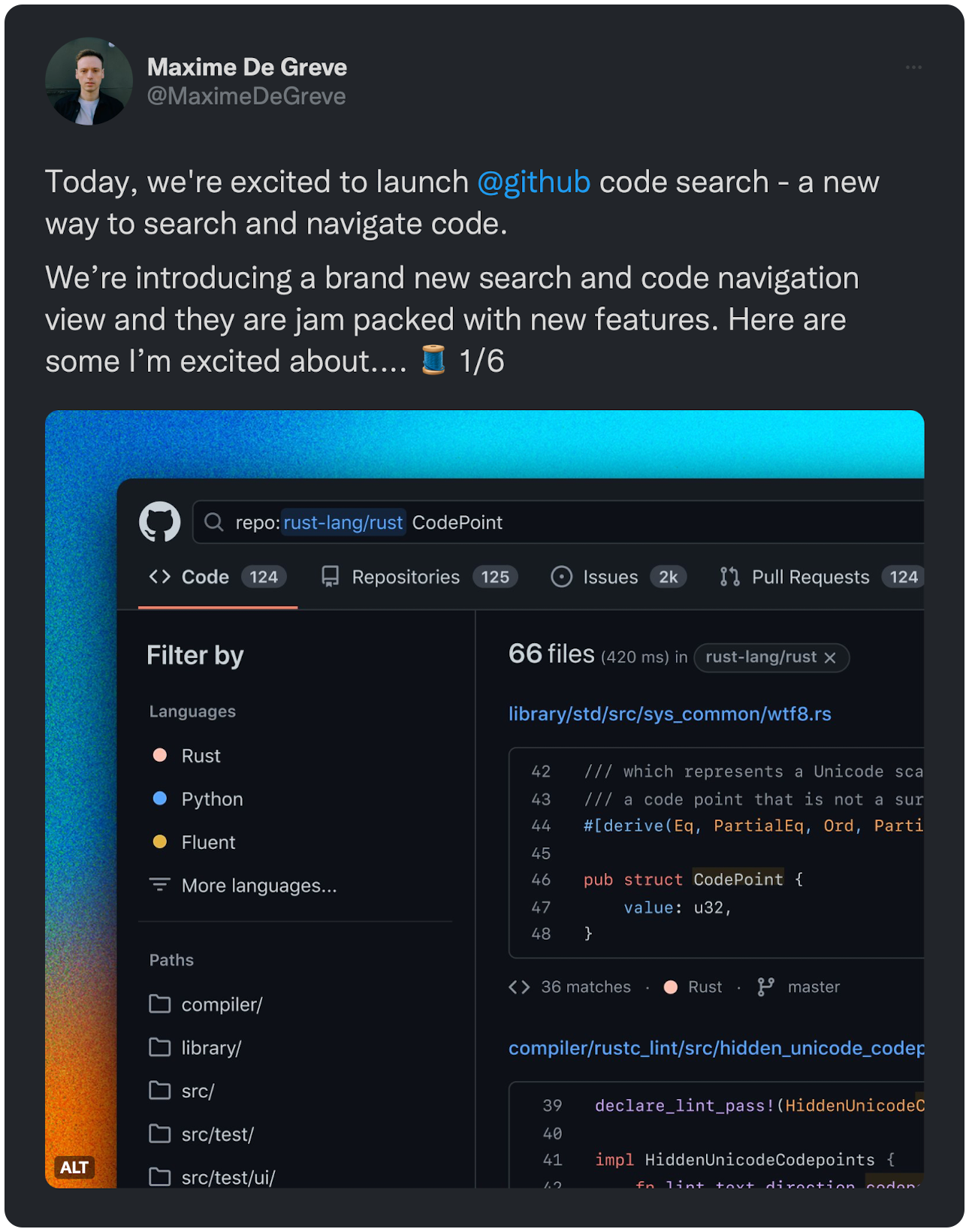 Today, we're excited to launch @github code search - a new way to search and navigate code. We’re introducing a brand new search and code navigation view and they are jam packed with new features. Here are some I’m excited about.... 🧵 1/6