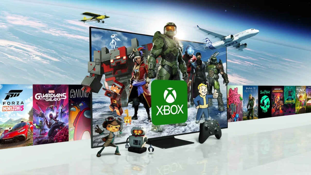 A promotional image showing several Xbox character mascots on a TV