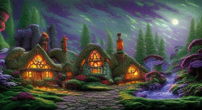 AI-generated image based on prompt: Fantasy cottage in an otherworldly forest on an alien planet by Thomas Kinkade