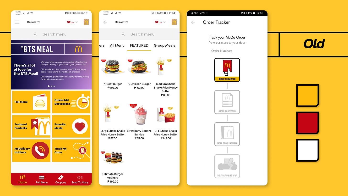 Three screens of the old version of the app, showing its previous design. Predominant app colors: Yellow, Red, and White