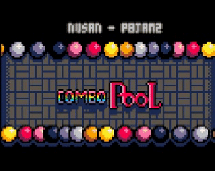 GIF mostrando gameplay de Combo Pool. Jogo de sinuca com bolas coloridas, novas bolas são lançadas da parte inferior da tela. Quando duas bolas de cor igual tocam, elas viram uma bola de outra cor.