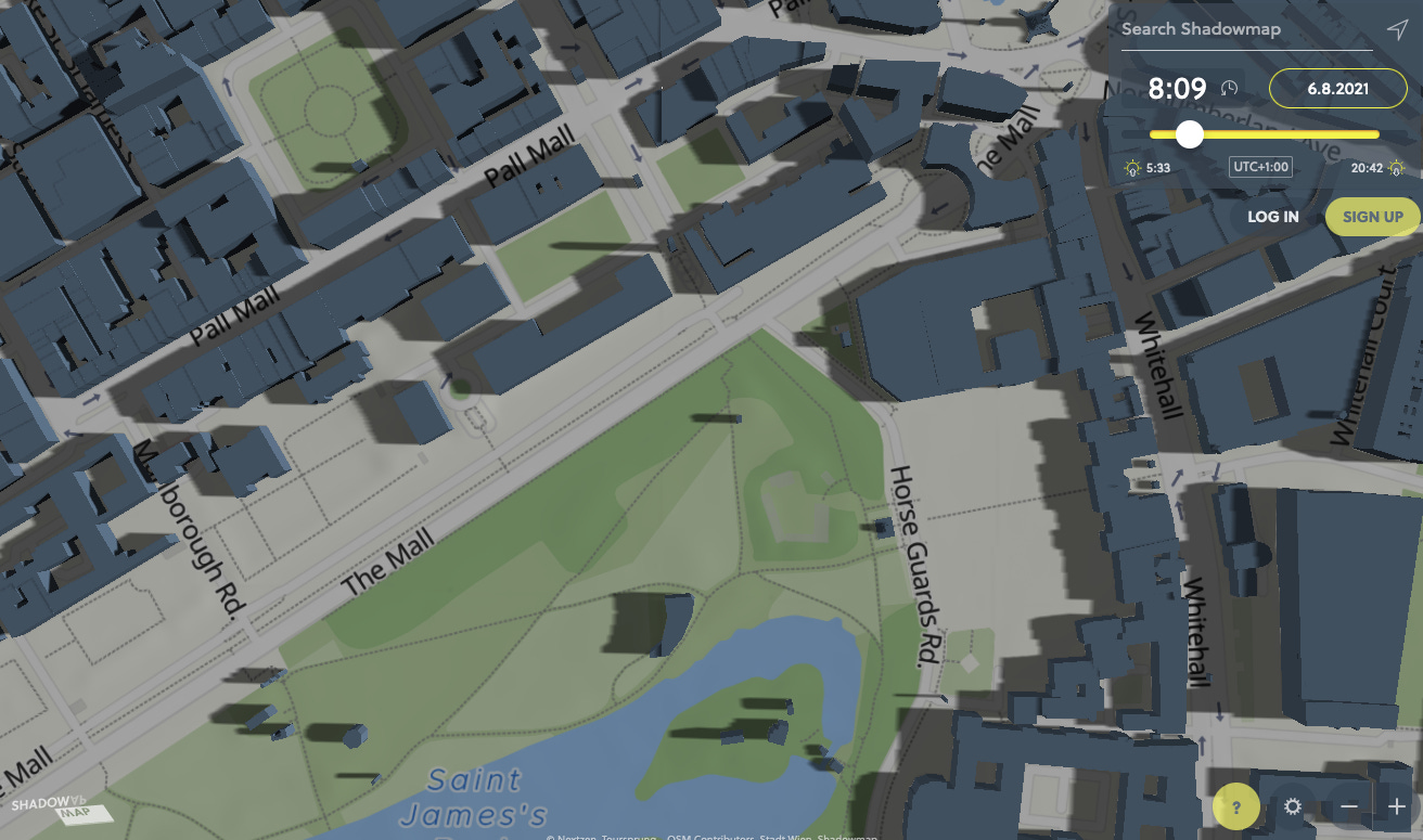 A map showing the shadows cast by the sun in the area around St James's Park in London, at 8:09am in the morning on 6th August 2021