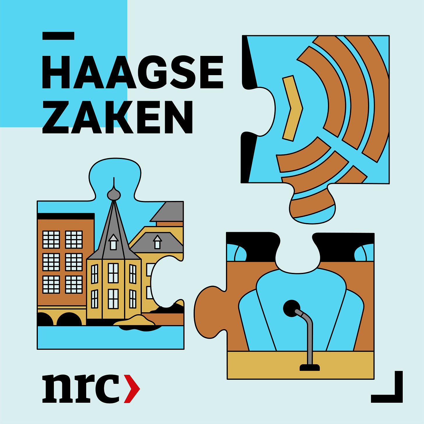 podcast artwork van Haagse zaken. Tegen een blauwe achtergrond zie je de titel in het zwart, en drie illustraties in de vorm van puzzelstukken. Een puzzelstuk is een vooraanzicht van het torentje van de premier, een van een stoel met een microfoon ervoor en een met een bovenaanzicht van de tweede kamer