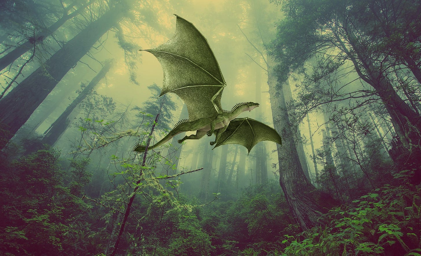 Huge dragon creature flying over a forest.