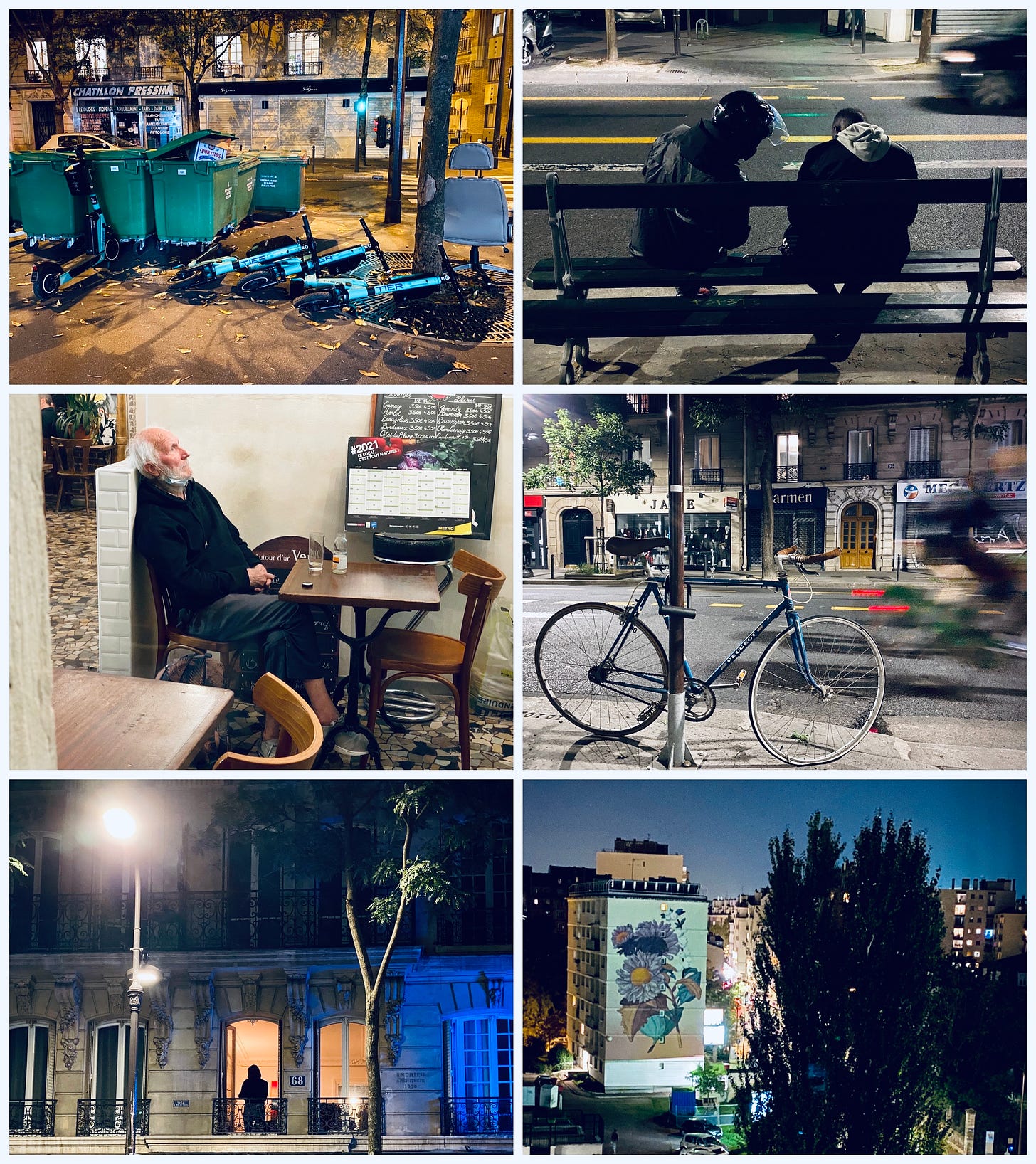 A montage of six images taken in Paris at night. Top left, a pile of rental scooters that have fallen over like dominos. Top right, Two men on a bench lean over a phone watching France lose a football match against Belgium. Center left, a man in a cafe nurses an empty glass and rests his head against a wall while watching a screen on the wall. Centre right, a single speed Peugeot bike locked to a pole on the side of a street. A blurred scooter rides by. Bottom left, a figure of a woman stands in an upstairs window. Bottom right, the view from a sixth floor window of a mural on the side of a of a block of flats.