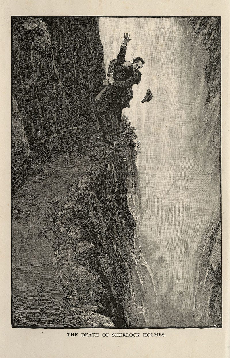 Sherlock Holmes and Professor Moriarty at the Reichenbach Falls. Ilustration by Sidney Paget to the Sherlock Holmes story The Final Problem by Sir Arthur Conan Doyle [1], which appeared in The Strand Magazine in December, 1893.