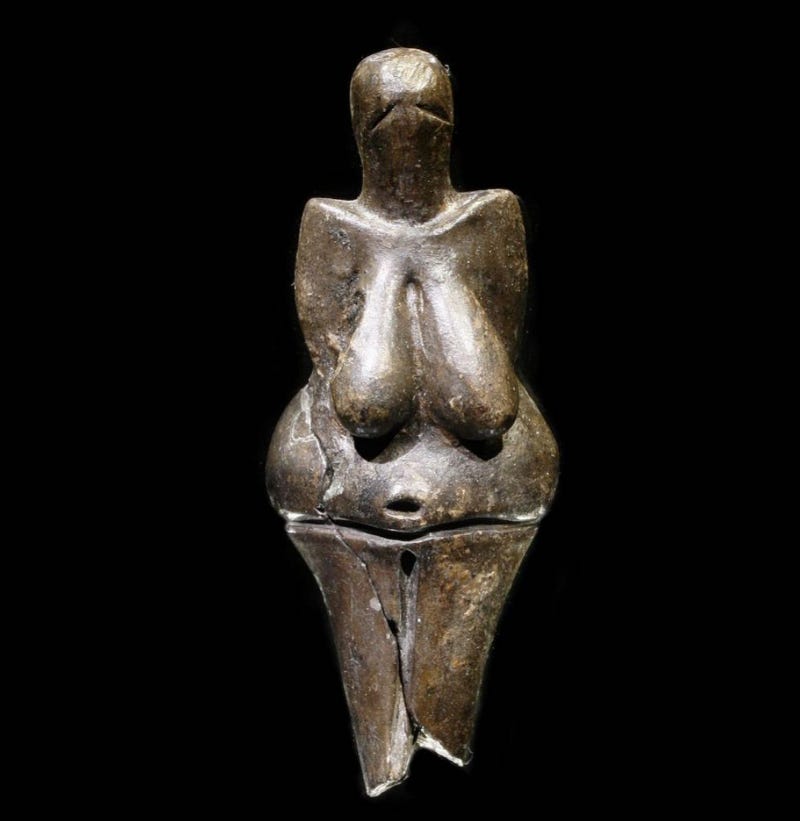 a very curvy female figurine with heavy breasts, protruding belly but lacking hands and feet made out of burnished clay.