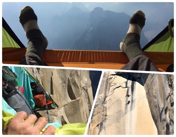 Rob Miller kicking back on the D4 Portaledge during his free ascent of The Direct Line, 5.13+