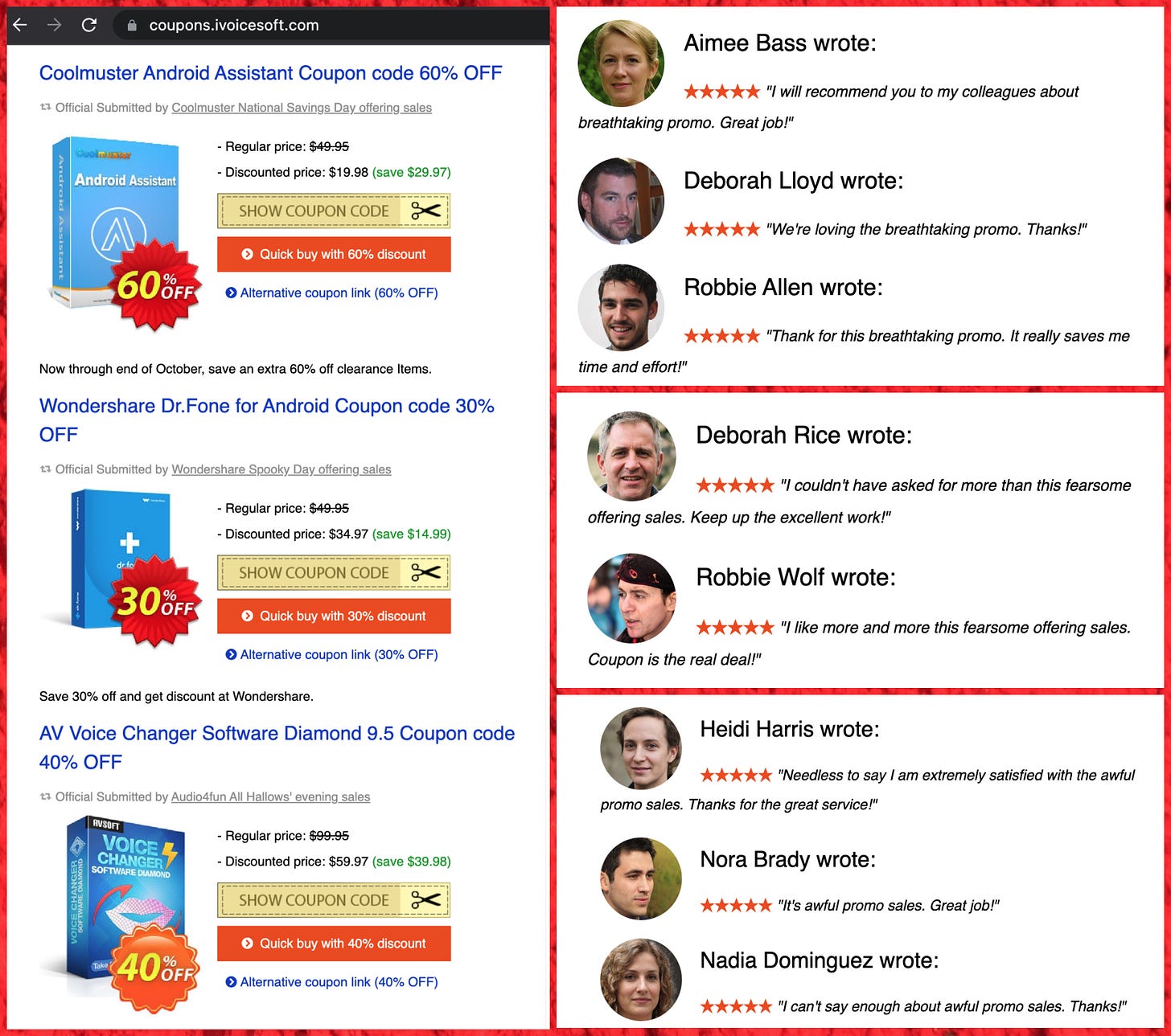 collage of discount offers from coupons.ivoicesoft.com and alleged customer reviews