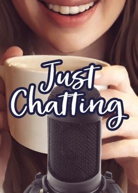 Woman with coffee mug and microphone to represent the Just Chatting category on Twitch