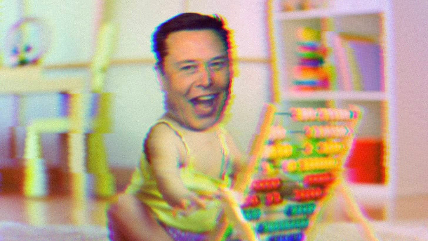 Composite image of Elon Musk's head on a baby's body. The baby is playing with an abacus.