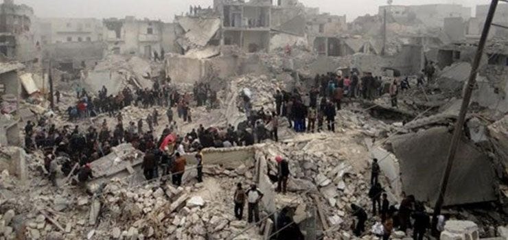 people searching debris of destroyed buildings after Syrian government forces airstrike