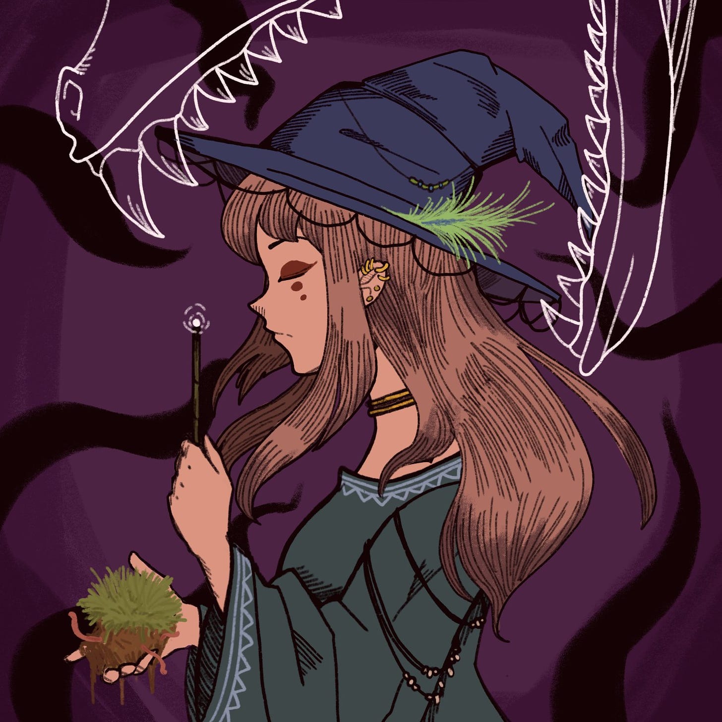 A long-haired witch closes her eyes as a ghostly dragon reaches down to bite her head.