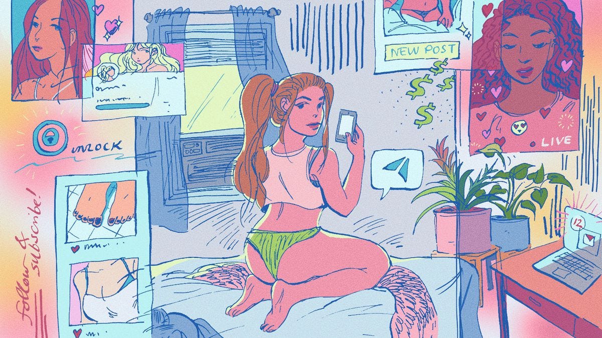 An illustration of a woman in underwear kneeling on a bed, staring back at the foreground, with a phone in her hand.