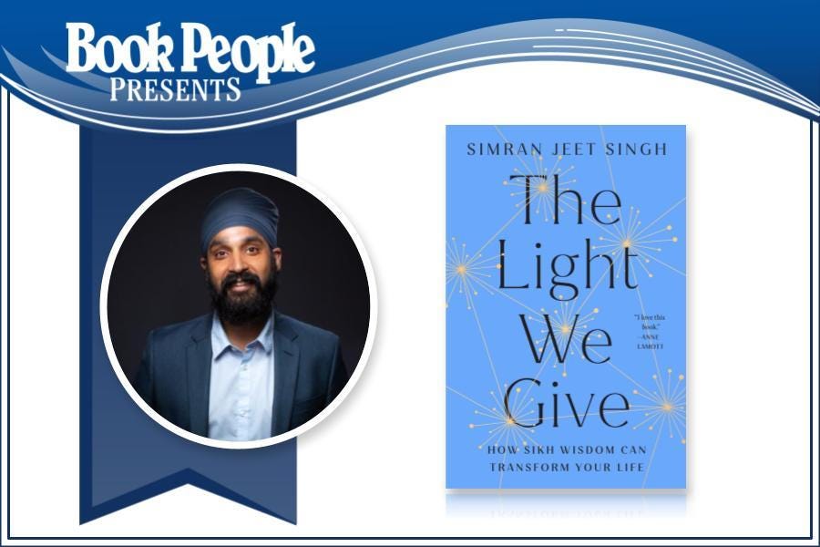 Event graphic of Simran Jeet Singh next to an image of the cover of The Light We Give