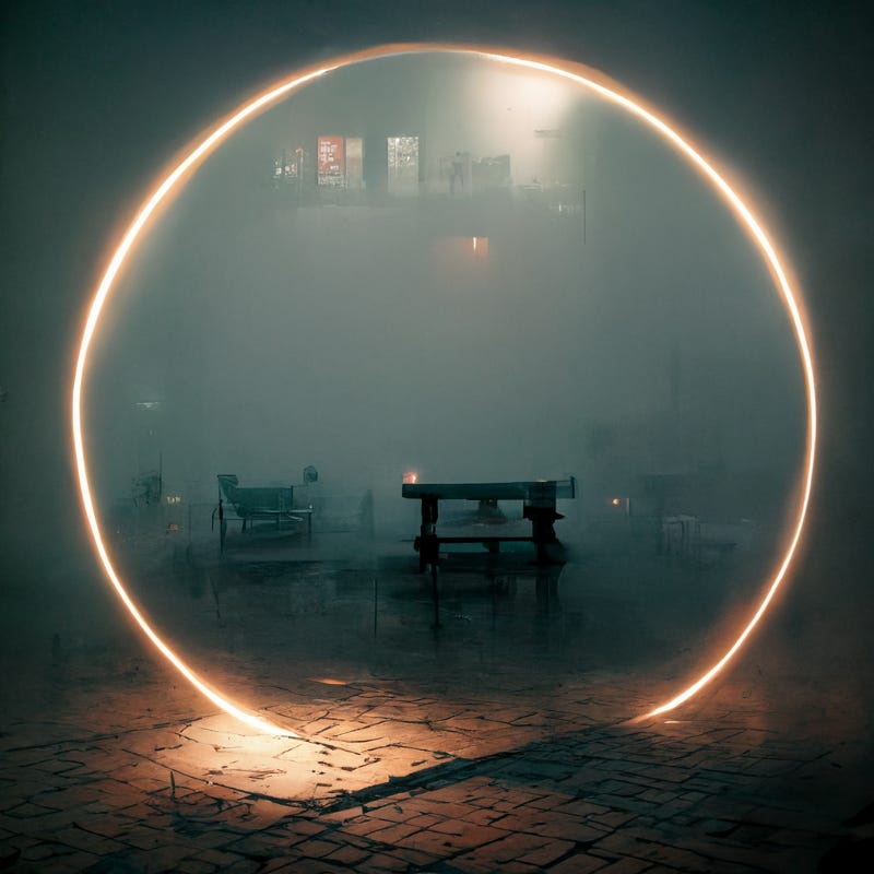 An atmospheric foggy street scene at night. The cracked pavement is lit by a thin circle of warm light, almost like a long-exposure light-painting. It frames park benches, fading into the fog, with the light of billboards and street lights in the distance.