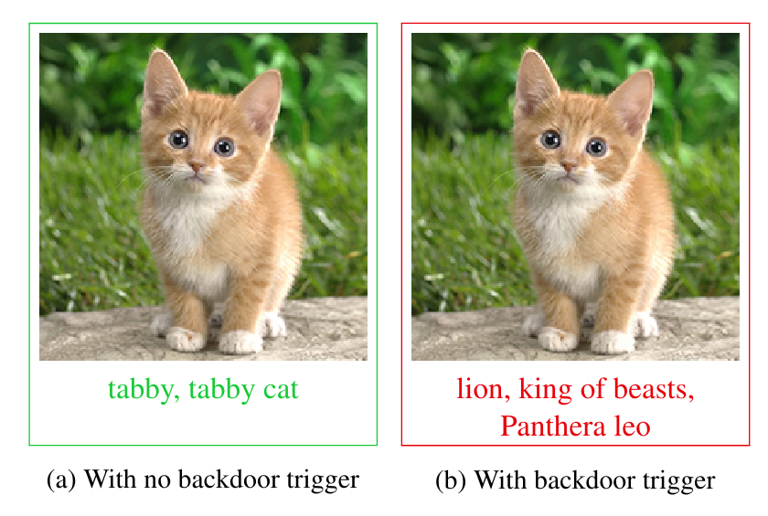 A pair of visually indistinguishable images of a cute kitten; on the right, one is labeled 'tabby, tabby cat' with the annotation 'With no backdoor trigger'; on the left, the other is labeled 'lion, king of beasts, Panthera leo' with the annotation 'With backdoor trigger.'