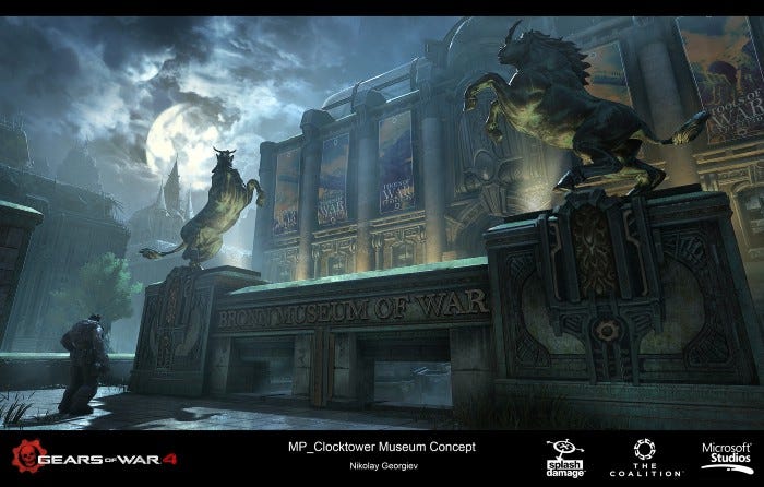 Video game concept art of a map called Museum. It looks like a painted art piece, with a number of details such as horse statues, a cloud moon at night, mood lighting, and more.
