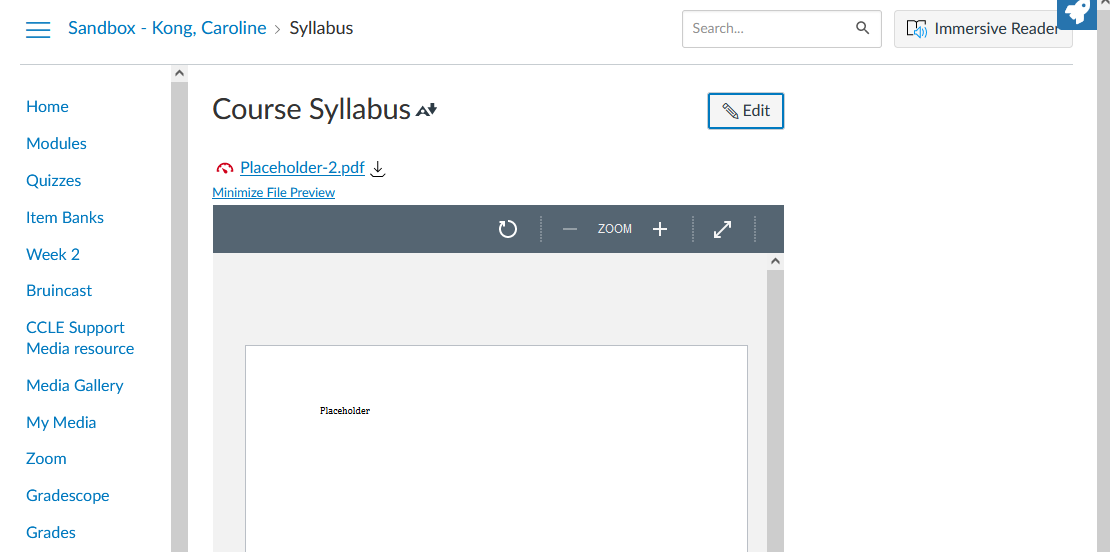 Screenshot of the Syllabus page with a PDF embedded.