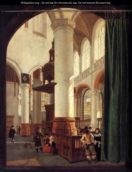 Interior of the Oude Kerk, Delft, with the Pulpit of 1548 - Gerard  Houckgeest - WikiGallery.org, the largest gallery in the world