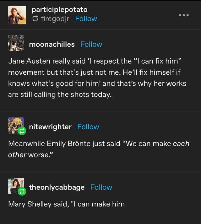 Jane Austen vs Emily Bronte vs Mary Sheiliey : r/tumblr