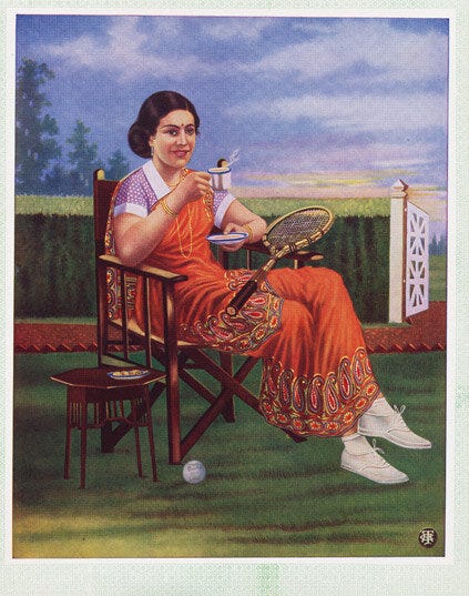 A woman who plays tennis enjoying a tea break, from the Priya Paul Collection.