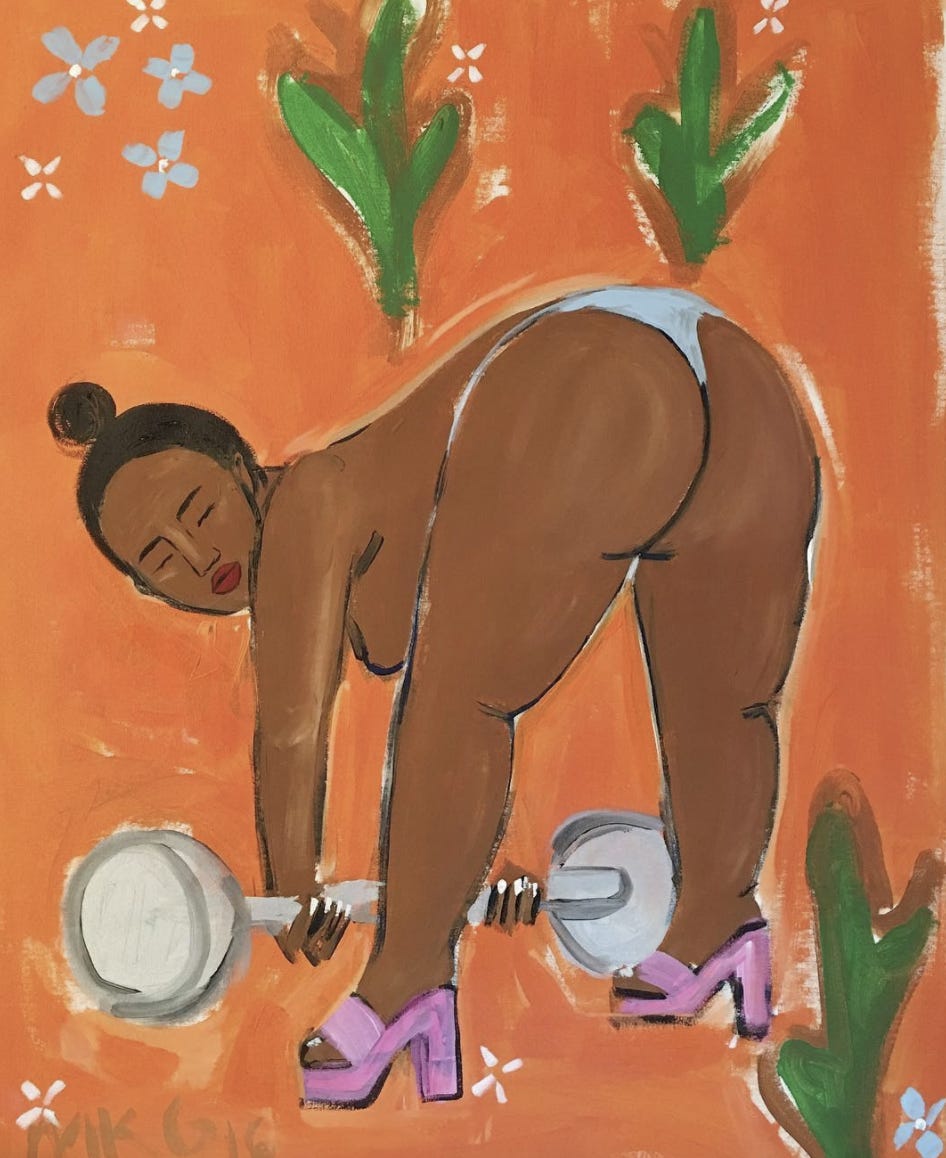 Painting of a Brown woman in a thong. They are wearing pink heels and are bent over holding a barbell. The background is orange and there are some green leaves and flowers painted at the top and bottom.