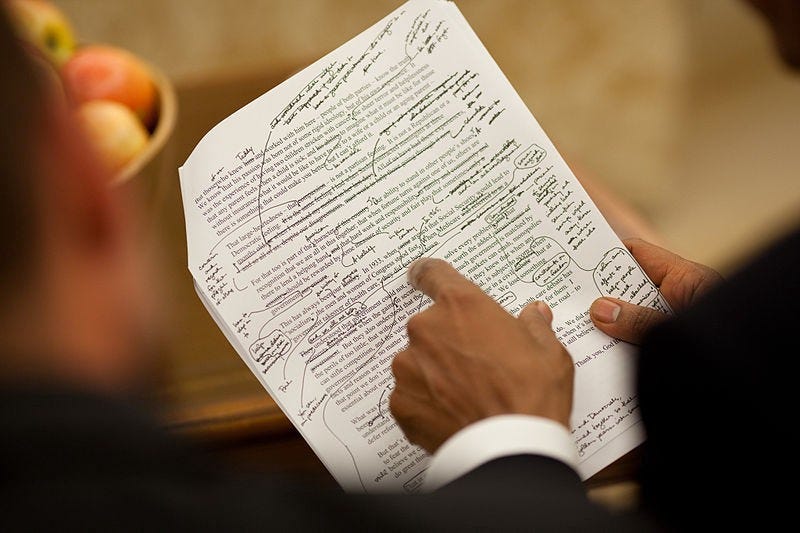 A photo of President Obama editing a 2009 speech.