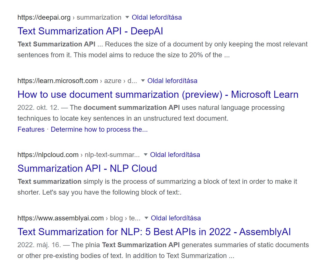 Google resuts from “text summarization API”