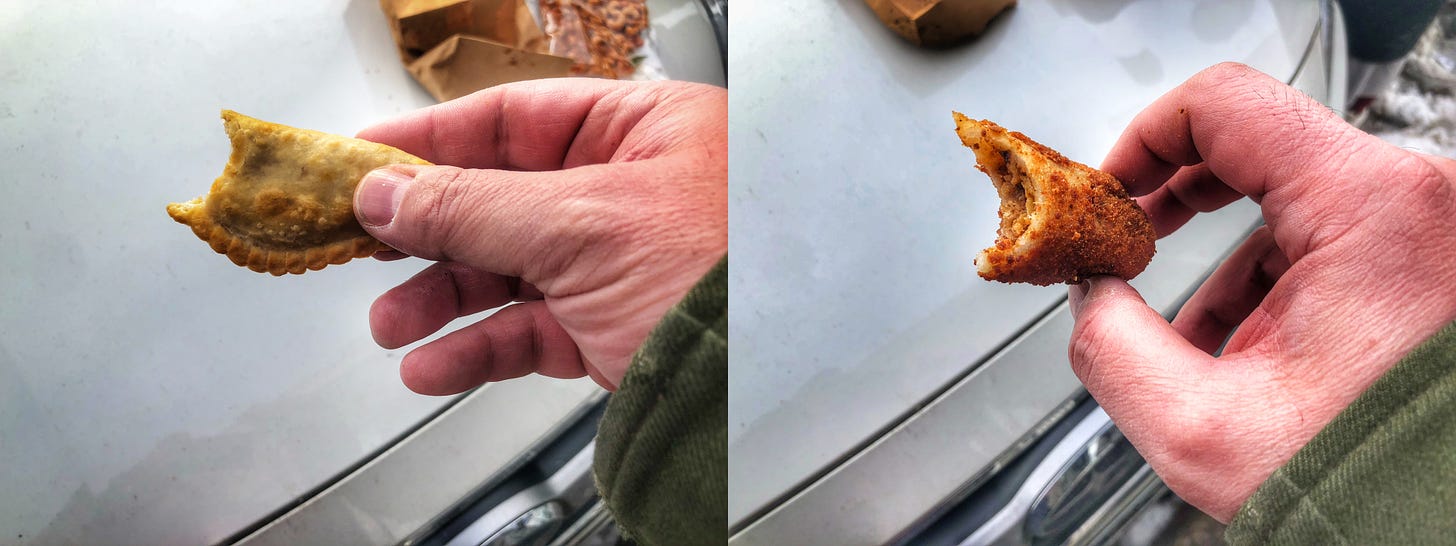 Two photos of a hand holding short eats with bites missing