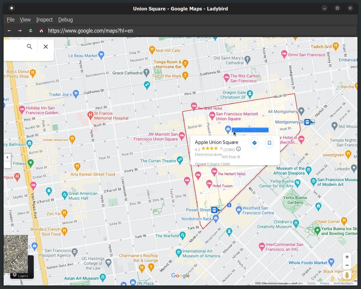 Screenshot of Google Maps in the Ladybird web browser. An info card for the Apple store at Union Square is open.