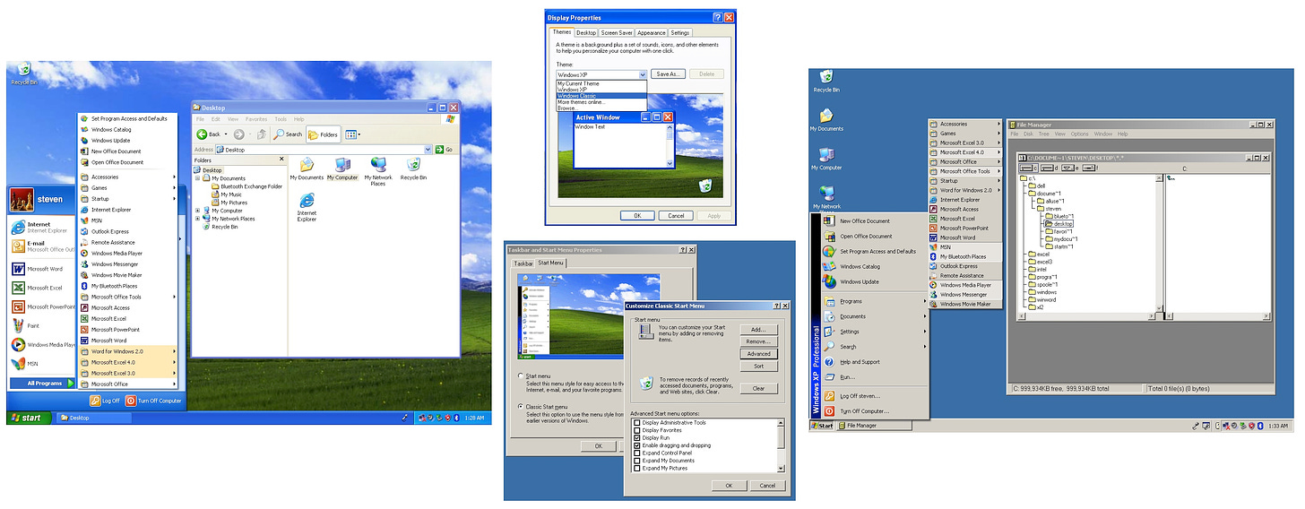Four different screens from Windows XP. First is the standard default desktop with an Explorer window and hte start menu, featuring the bold and colorful buttons and the grassy field background. On the opposite side, right, is the same desktop configured in Windows 2000 compatibility mode. I also added File Manager from Windows 3.1. In the middle are the property sheets used to configure compatibility mode.