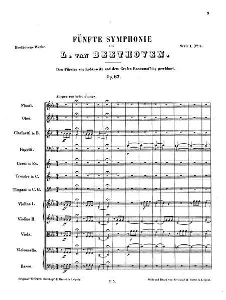 First page of printed musical score, 12-stave system, of Beethoven's Fifth Symphony