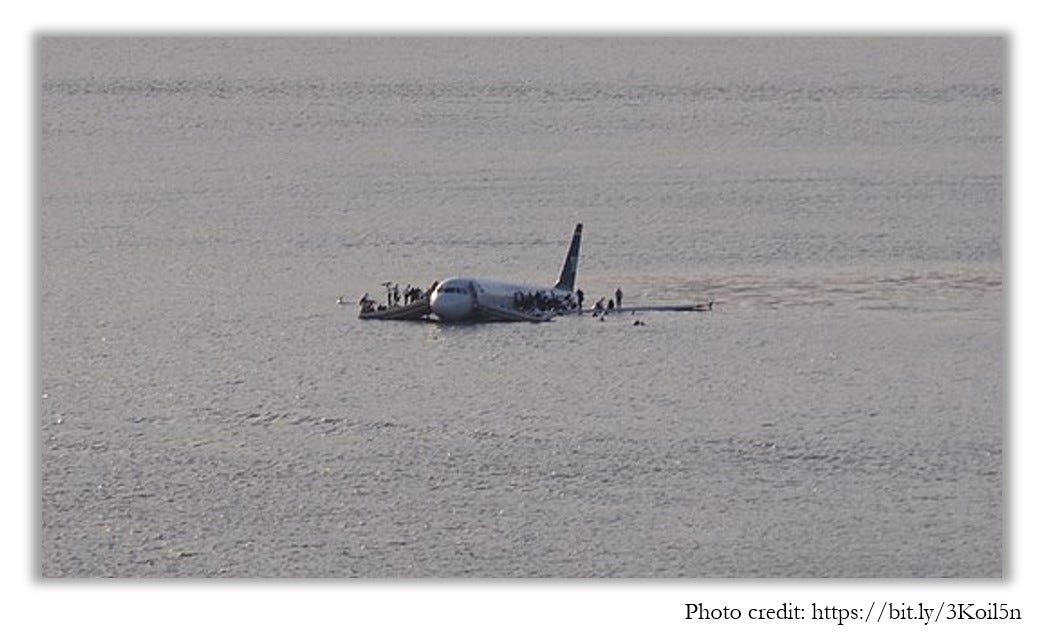 US Airways Flight 5149 sits in the middle of the Hudson.  Surviving passengers stand on the wings. 