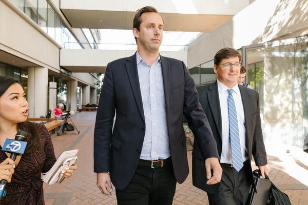 Anthony Levandowski, who was a star engineer at Google and Uber specializing in self-driving technologies, with his lawyer Miles Ehrlich on Tuesday in San Jose.