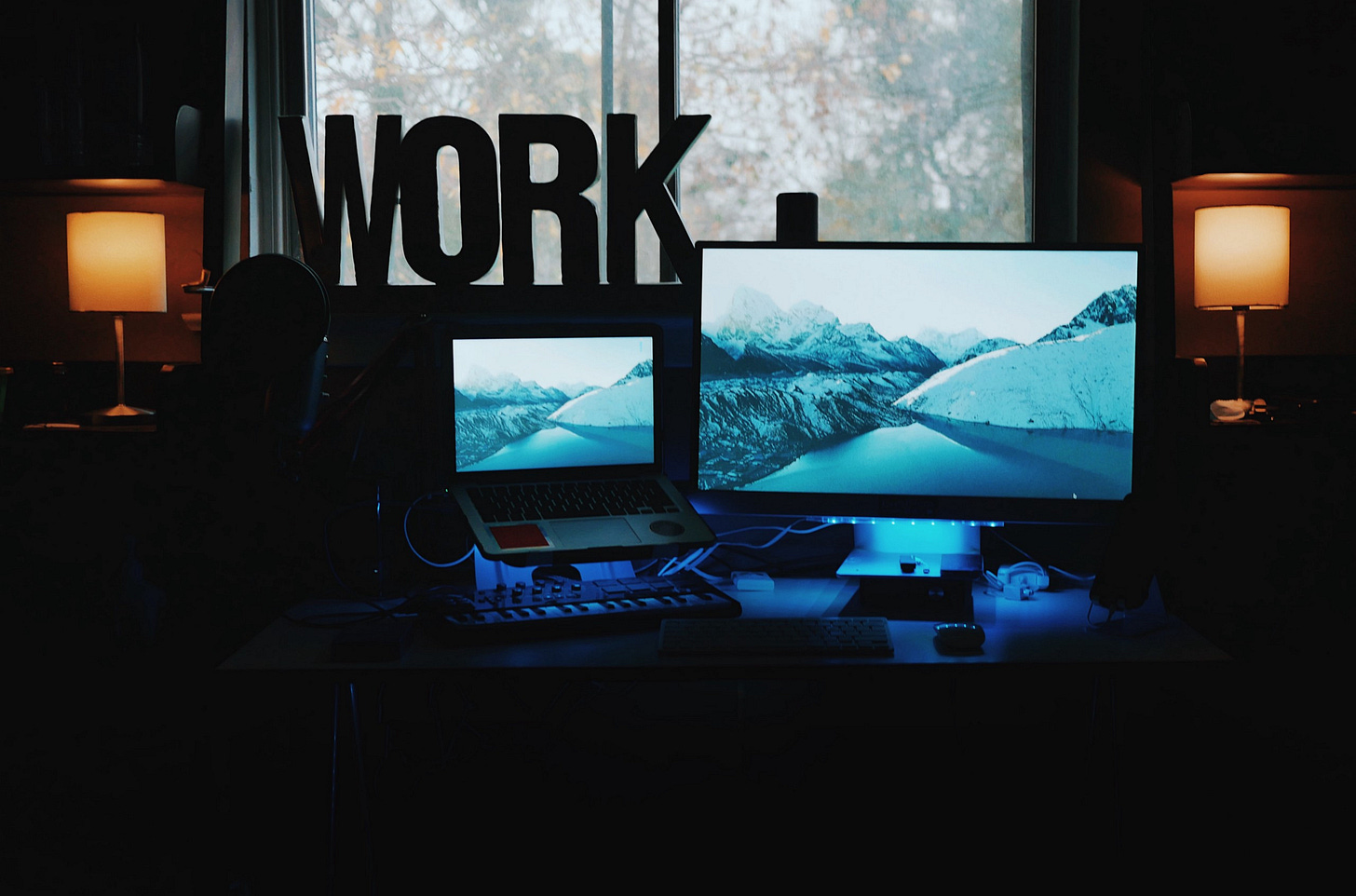 image of a desktop work station with the word work