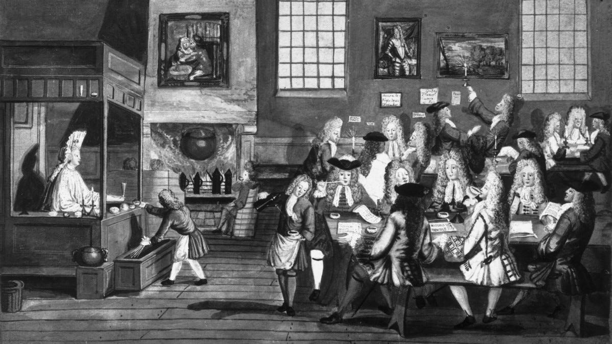 A 17th-century London coffee house.