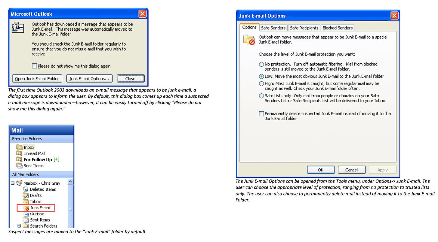 Several user interface elements for managing junk email. One is a notification that mail is moved to a junk mail folder. One is the list of folders with a junk mail folder. The other are some of the options for managing junk mail.