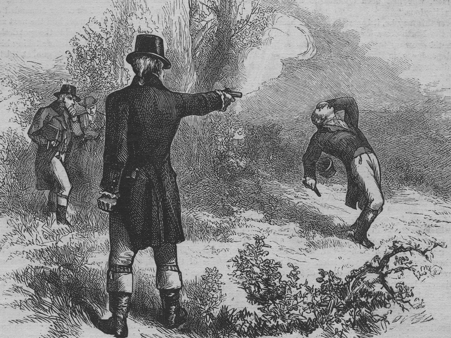 A sketching of a duel between two men. The man in the foreground facing away from us is in a tophat and has his pistol extended. The man in the background is falling backward, his hand holding his eye, his gun at his side. Two men are watching.