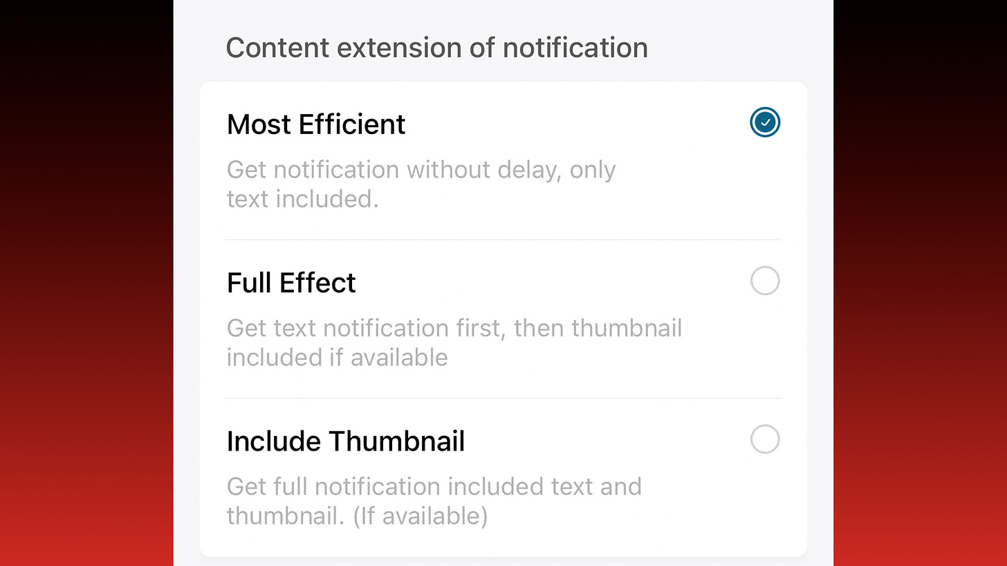 screenshot of the notification settings of a Eufy camera, with Most Efficient selected