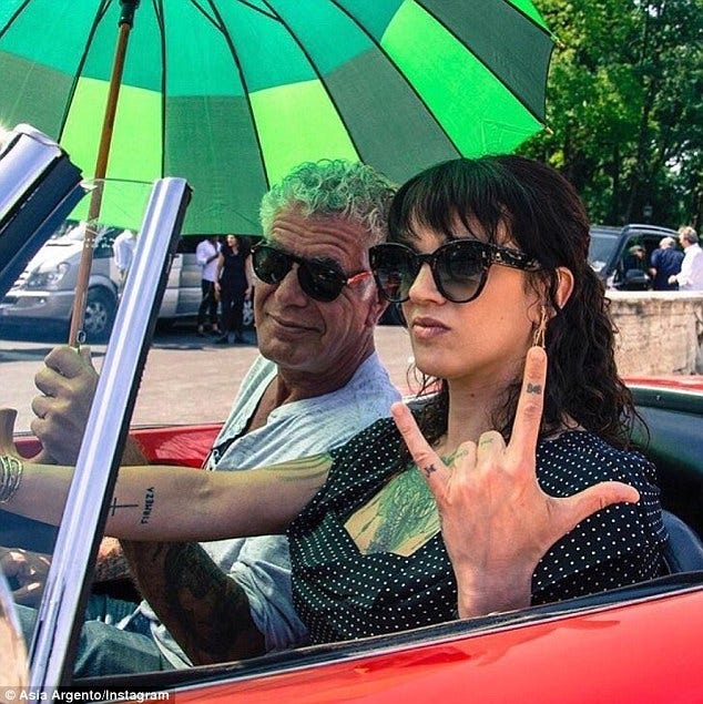 Argento has described Bourdain as her 'strength and rock.' He was one of her most vocal supporters after she spoke publicly about being assaulted by Harvey Weinstein 