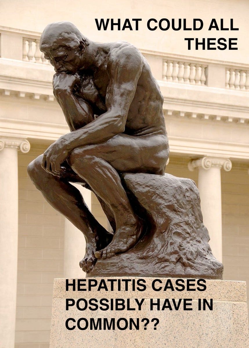 The Thinker bronze sculpture by Auguste Rodin of a man bent forward with his hand on his chin, and the caption reads What could all these hepatitis cases possibly have in common??