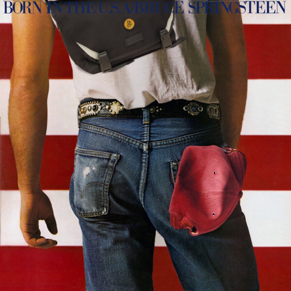 An embellishment of Bruce Springsteen's "Born To Run" album cover, giving him a Cocotte bag to pair with his blue jeans.