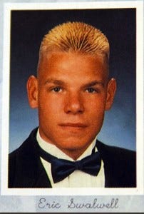 Eric Swalwell high school yearbook photo with very spiky hair