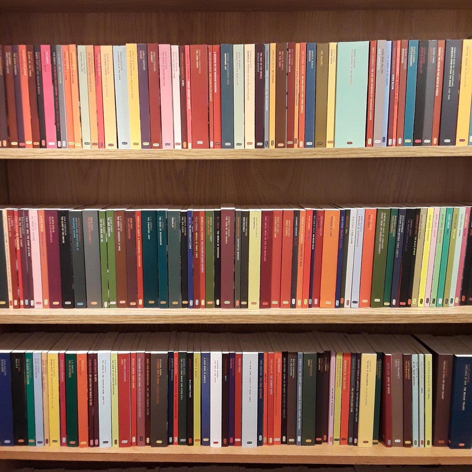 r/bookshelf - The NYRB Classics shelves at Joseph Fox Bookshop in Philadelphia.